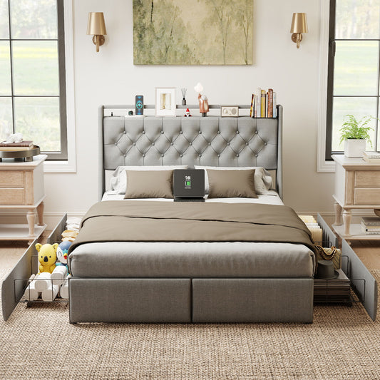 Queen Platform Bed Frame With RGB LED & Charging Station, Storage Headboard - Gray