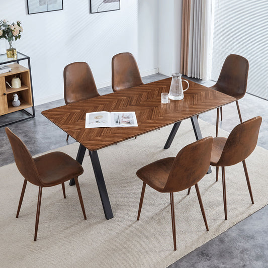 Suede Backrest Chairs With Metal Legs & Herringbone Dining Table Set