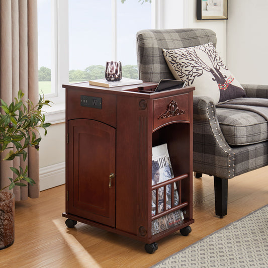 Traditional End Table With Charging Station, Narrow Side Table With USB Ports And Outlets - Red Walnut
