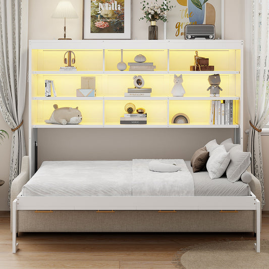 Murphy Cabinet Bed With Folding Sofa, Built In Storage Shelves And LED Light