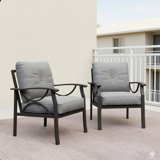 All Weather Armchairs With Cushions, Sculptural Design (Set of 2) - Gray / Khaki