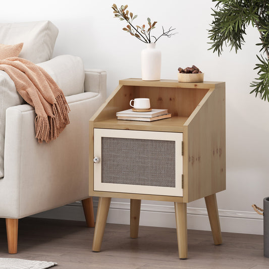 Contemporary End Table With Rattan Accents And Tempered Glass - Natural / White