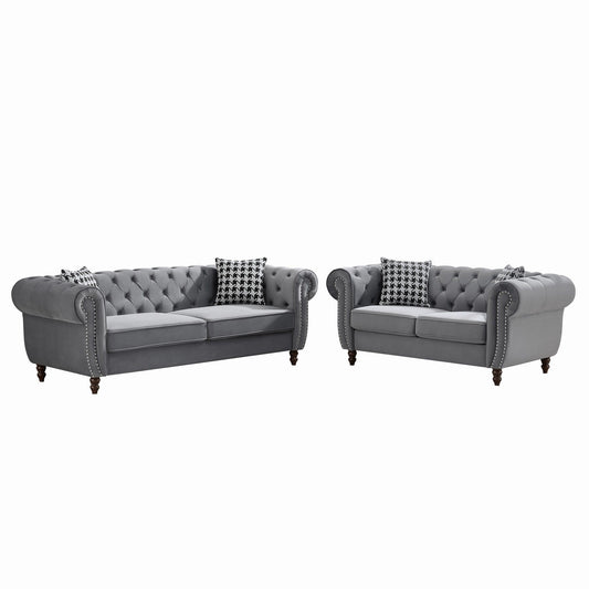 Chesterfield 3 And 2 Seater Upholstery Sofa With Roll Armrest & Nailhead Fabric Couch