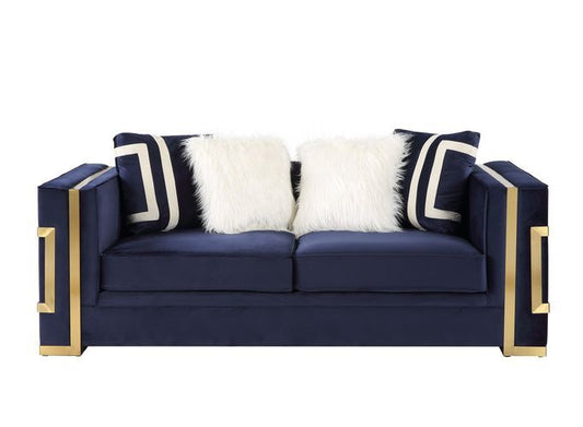 Virrux - Loveseat With 4 Pillows - Blue Velvet & Gold