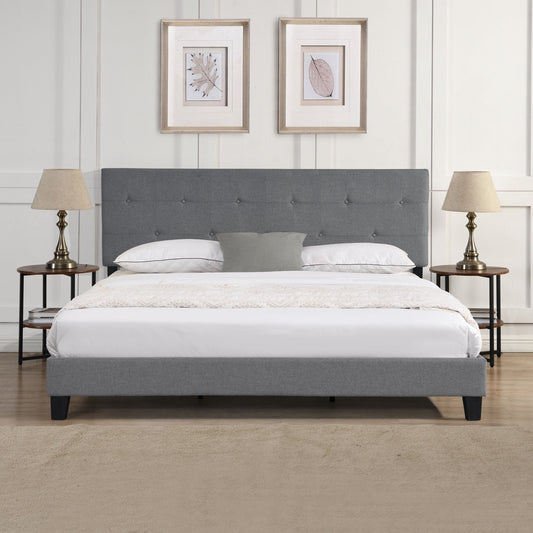 Modern Upholstered Platform Bed Frame With Button Tufted Headboard And Wood Slat Support
