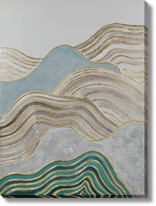 Gilded Teal Waveforms - 36" x 48" Framed Wall Art