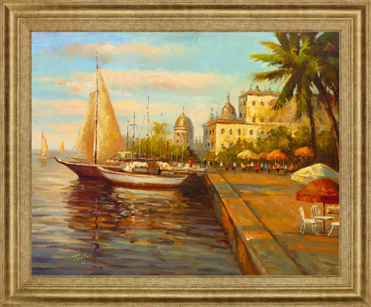 Sunlit Marina Promenade - 28" x 34" Framed Wall Art