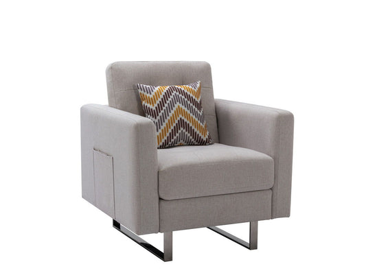 Victoria - Fabric Armchair With Metal Legs, Side Pockets, And Pillow