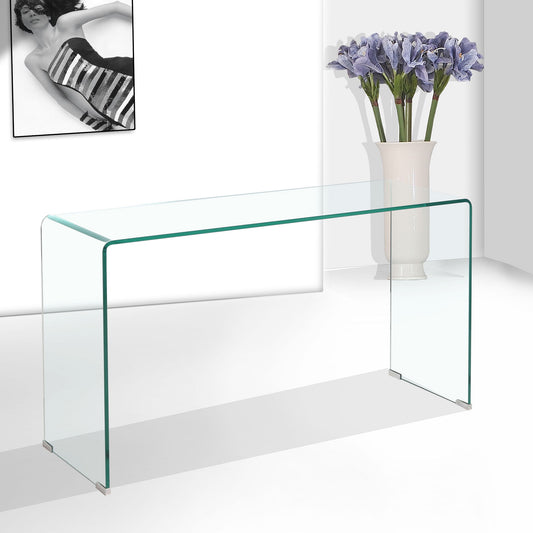 Elegant Transparent Tempered Glass Console Table With Rounded Edges, Modern Sofa Table - Clear