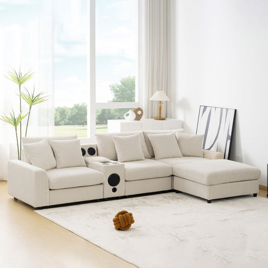 Sectional With tooth Speakers L Shaped Couch With Console USB Charger, Cup Holders Storage Ottoman Deep And Wide Seat Cloud Sofa
