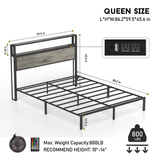 Bed Frame With RGB LED Light And Charging Station