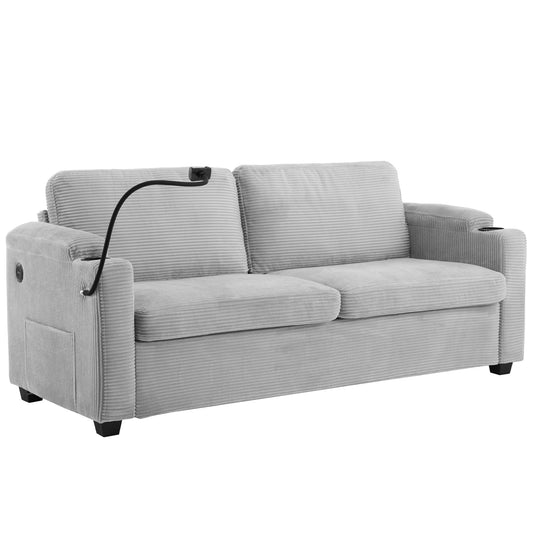 Sleeper Sofa Loveseat Sofa With Full Size Mattress, 2 USB Ports, 2 Cup Holders, 2 Side Pockets And Phone Holder
