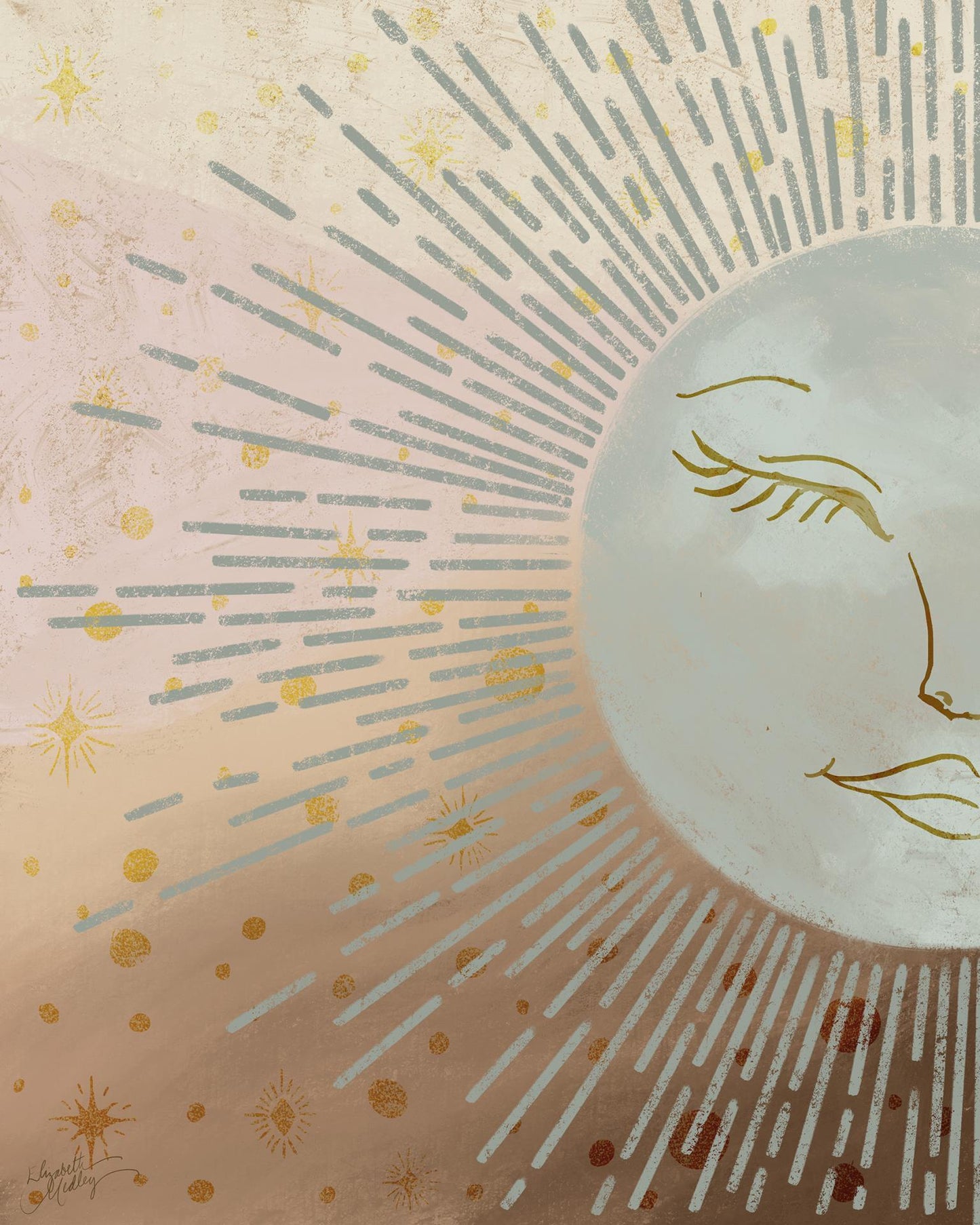 Celestial Blue Sun By Elizabeth Medley (Framed) - Light Brown