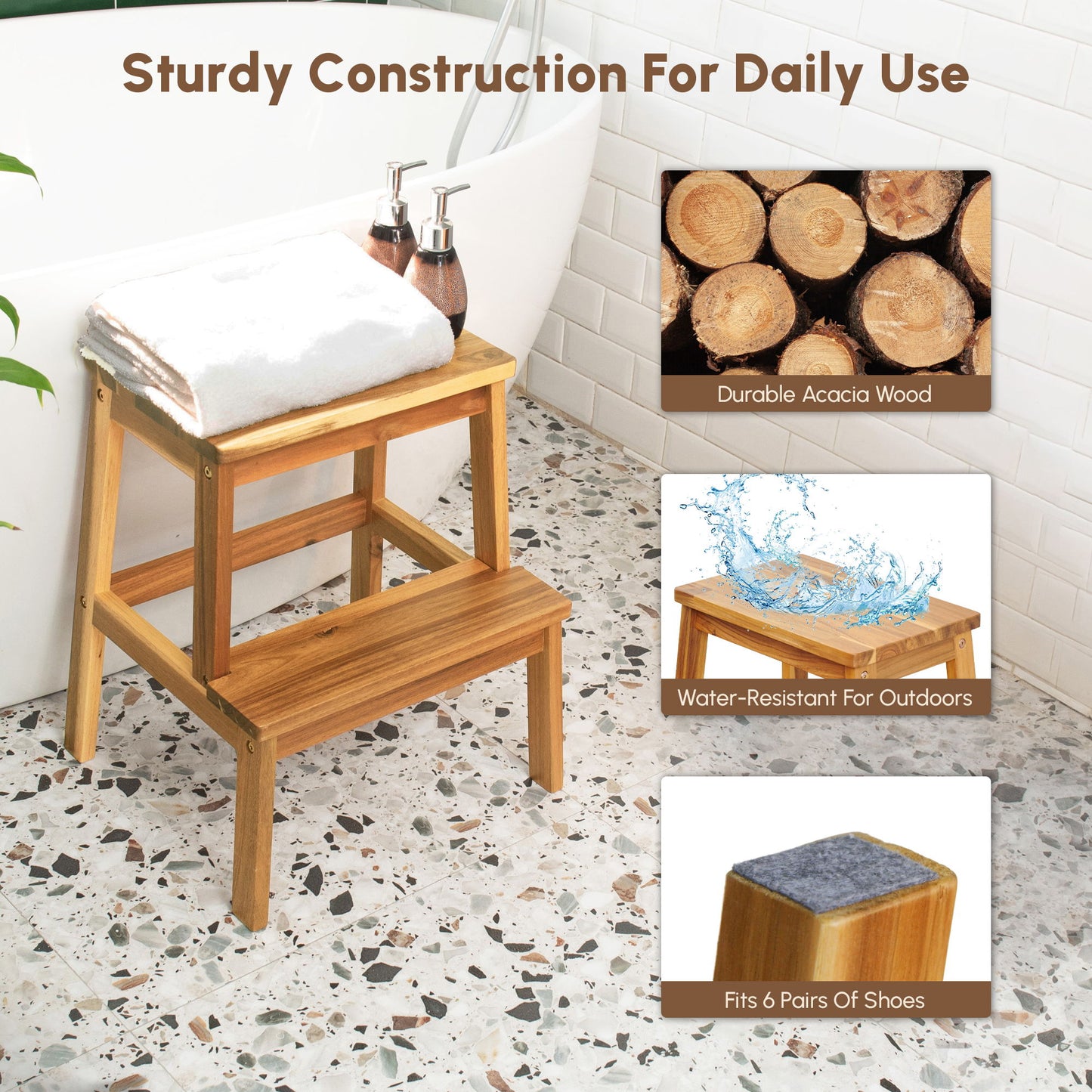 2 Step Stool, Indoor / Outdoor Use - Acacia Wood