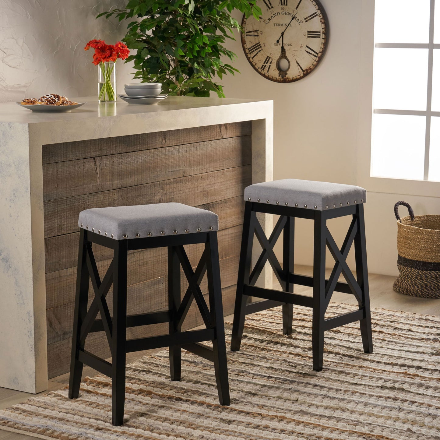Greely Saddle Barstool Set With Fabric Upholstery - Light Gray