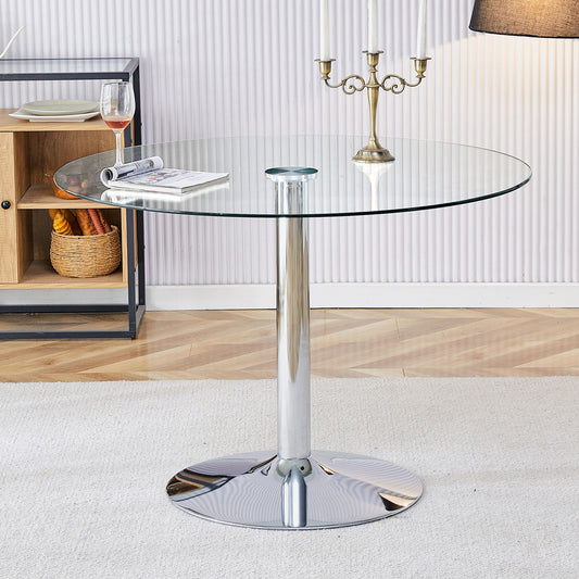 Modern Minimalist Circular Dining Table With Glass Top And Electroplated Metal Legs For Restaurants And Living Rooms - Silver / Transparent