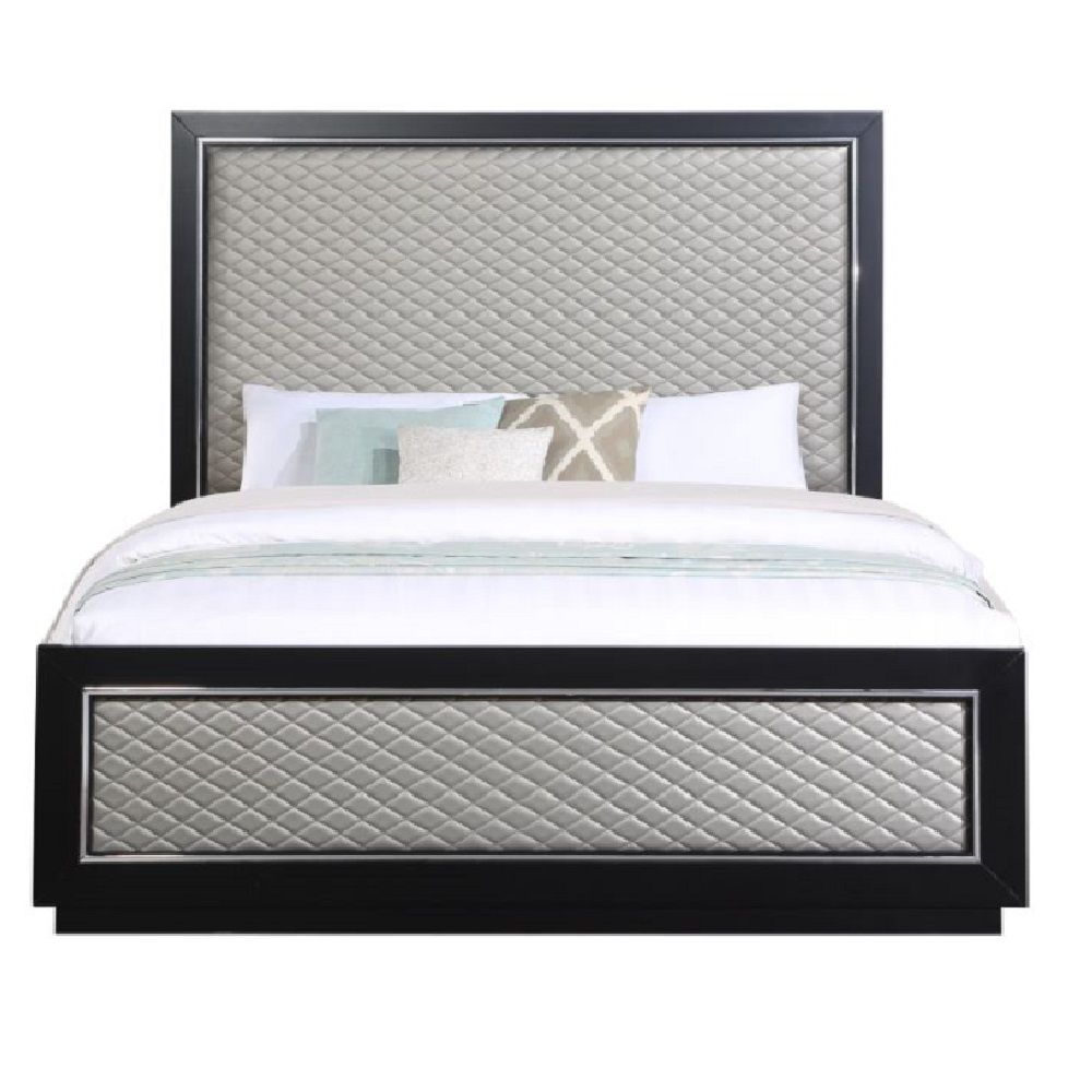 Nicola - Eastern King Bed - Silver Synthetic Leather & Black