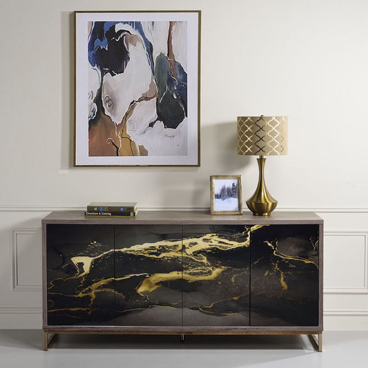 Payo - Console Cabinet - Black Marble Print Oak & Champagne