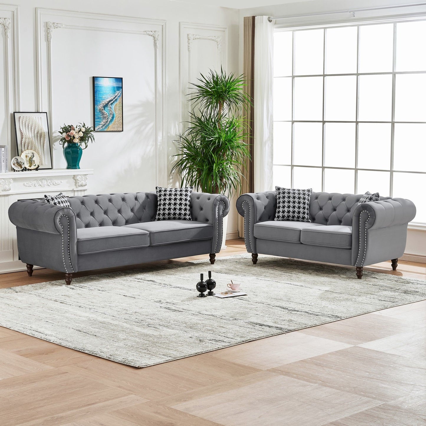Chesterfield 3 And 2 Seater Upholstery Sofa With Roll Armrest & Nailhead Fabric Couch