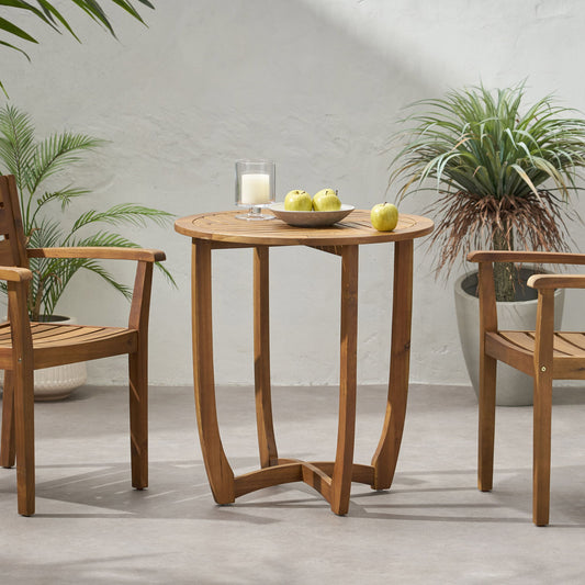 Outdoor Circular Wood Bistro Table With Curved Legs And Slat Panel Table Top - Teak