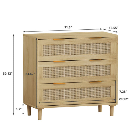 3 Drawer Storage Cabinet With Rattan Drawers For Bedroom, Living Room - Oak