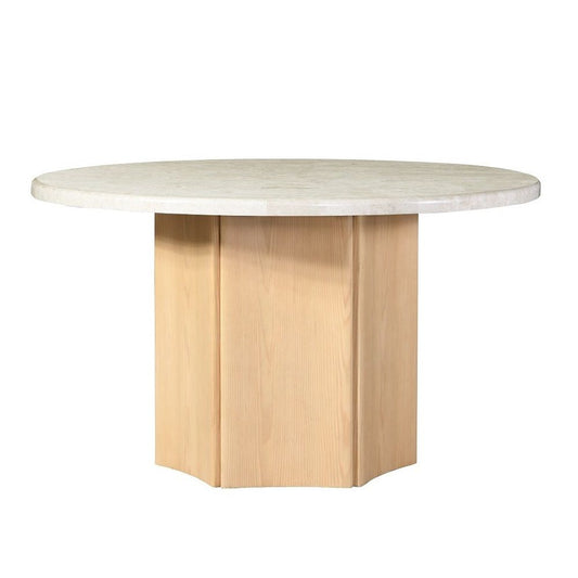 Qwin - Round Dining Table With Marble Top - Gray Fabric & Weathered Gray Oak