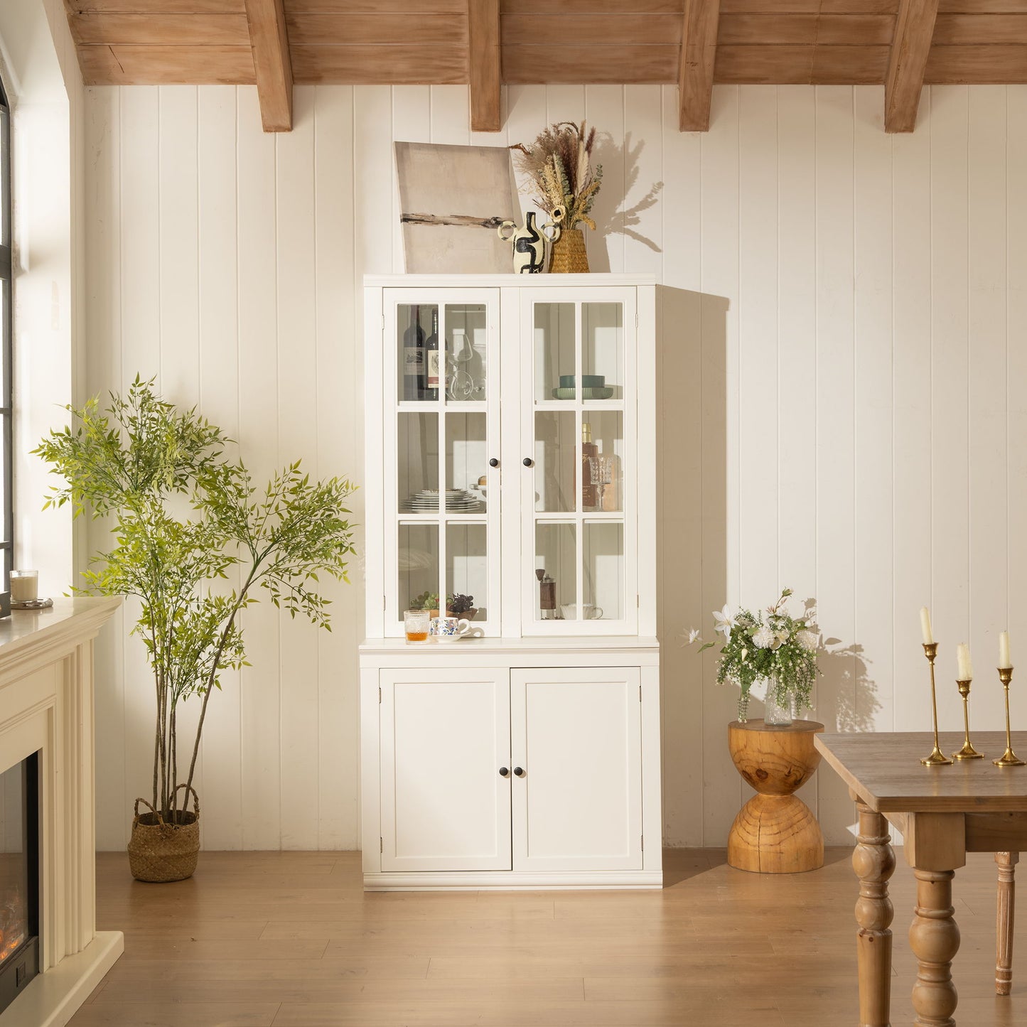 Retro Style Hutch Cabinet With Glass Door, China Cabinet For Home