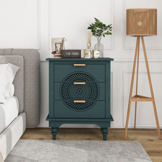 Hollow Carved 3 Drawer Dresser With Metal Handles, Storage Chest For Living Room Or Bedroom - Blackish Green