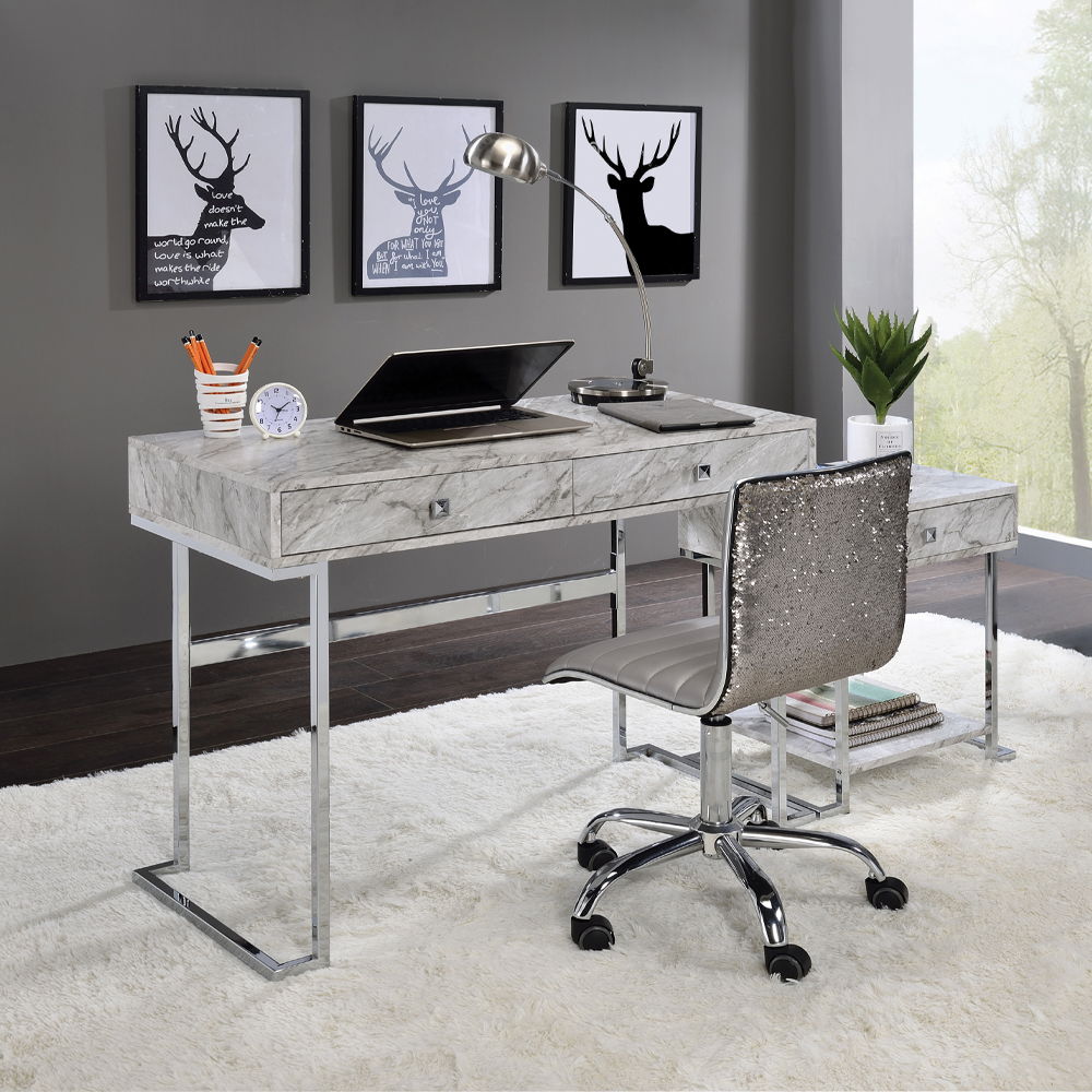 Tigress - Writing Desk - White Printed Faux Marble Top & Chrome