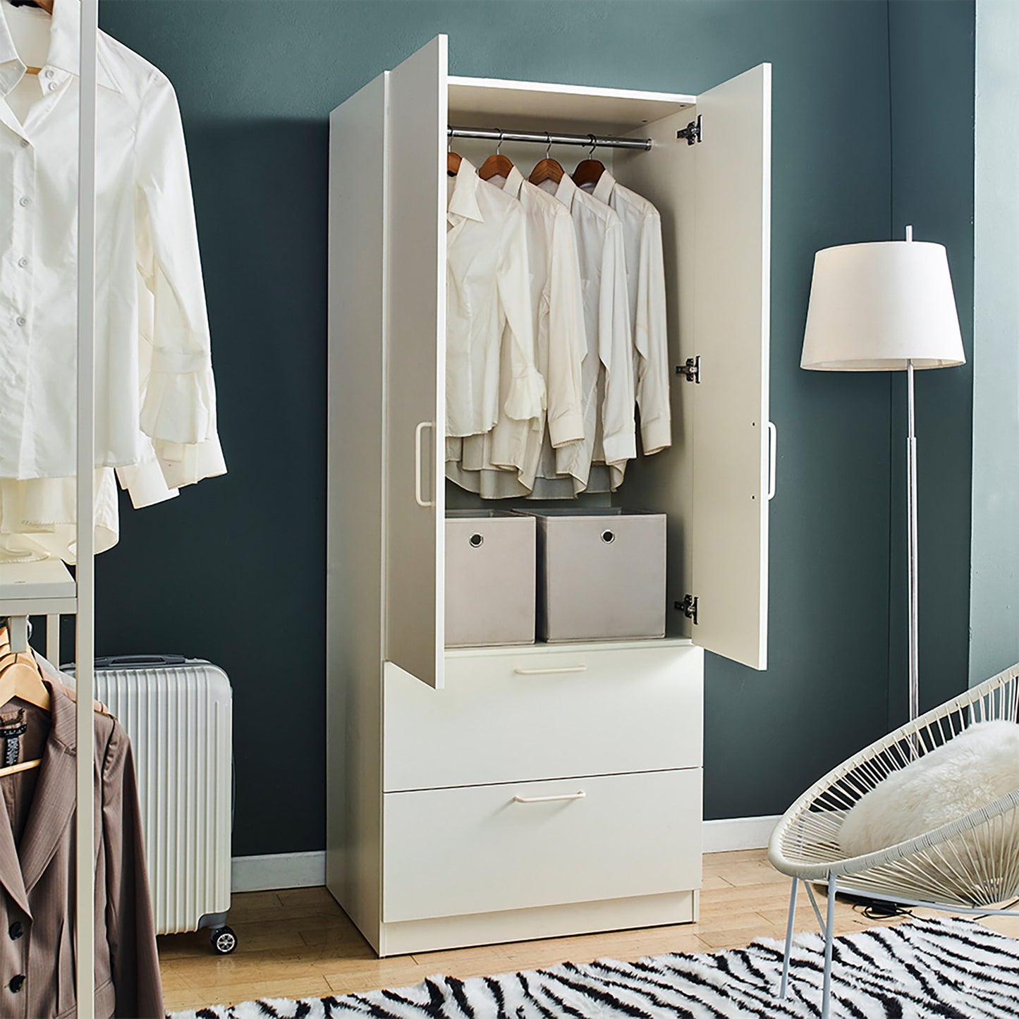 Emma - 2 Door Closet With 2 Drawers And Hanging Bars - White