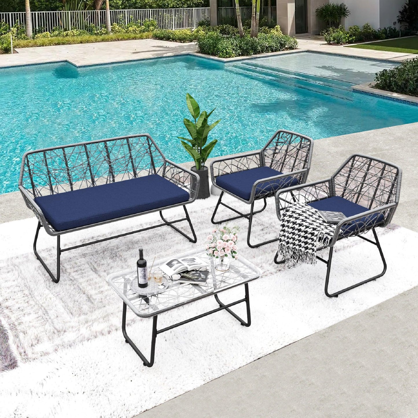 4 Piece Wicker Patio Furniture Set With Tempered Glass Table And Detachable Cushions