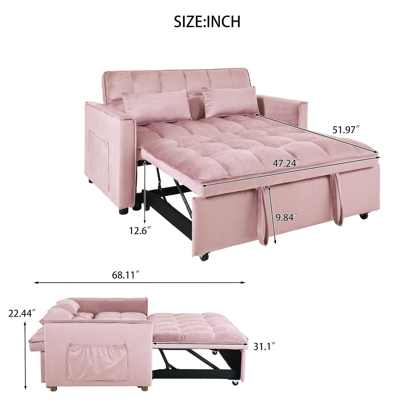 3 In 1 Pull Out Couch Convertible Sofa Bed With Reclining Backrest