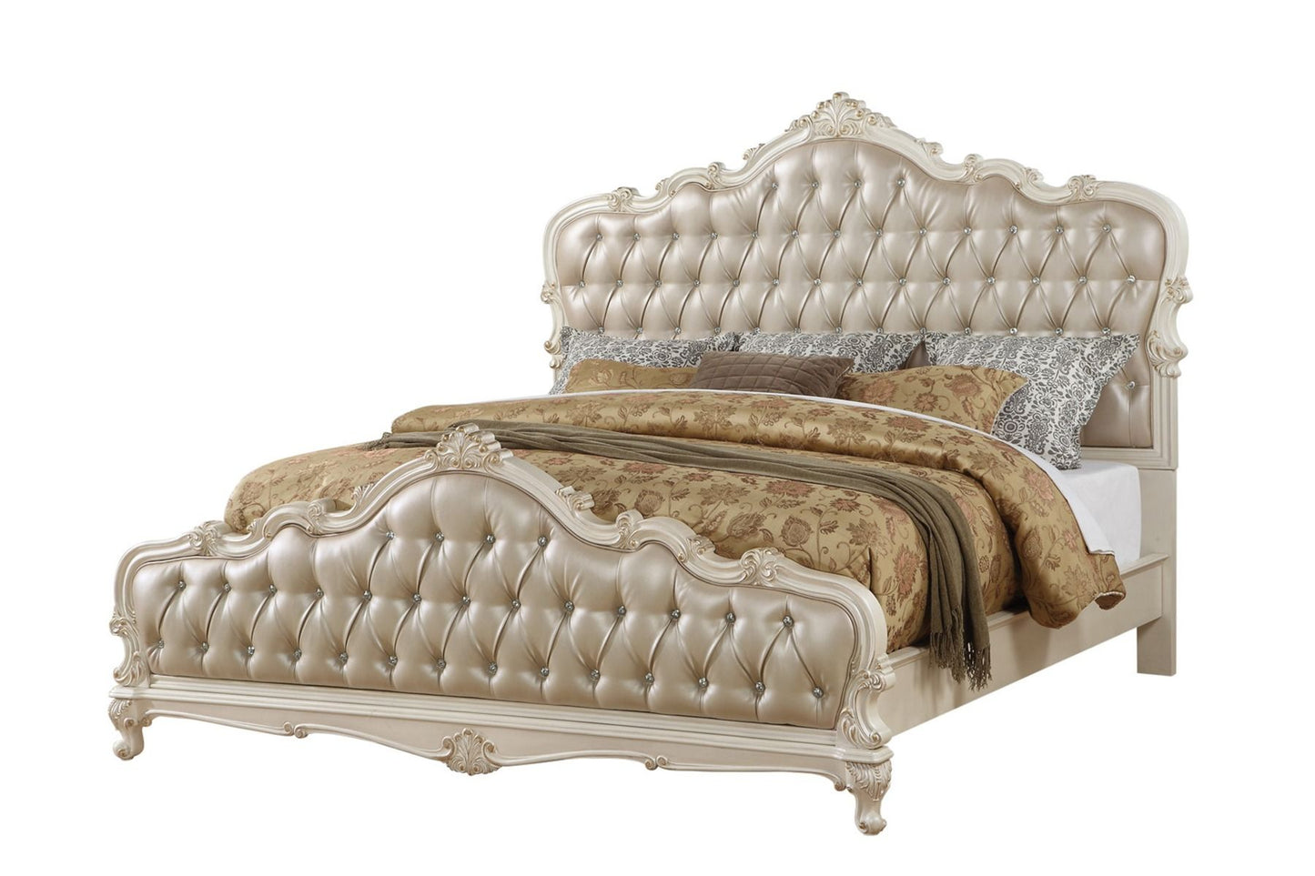 Chantelle - Synthetic Leather Eastern King Bed - Rose Gold & Pearl White Finish