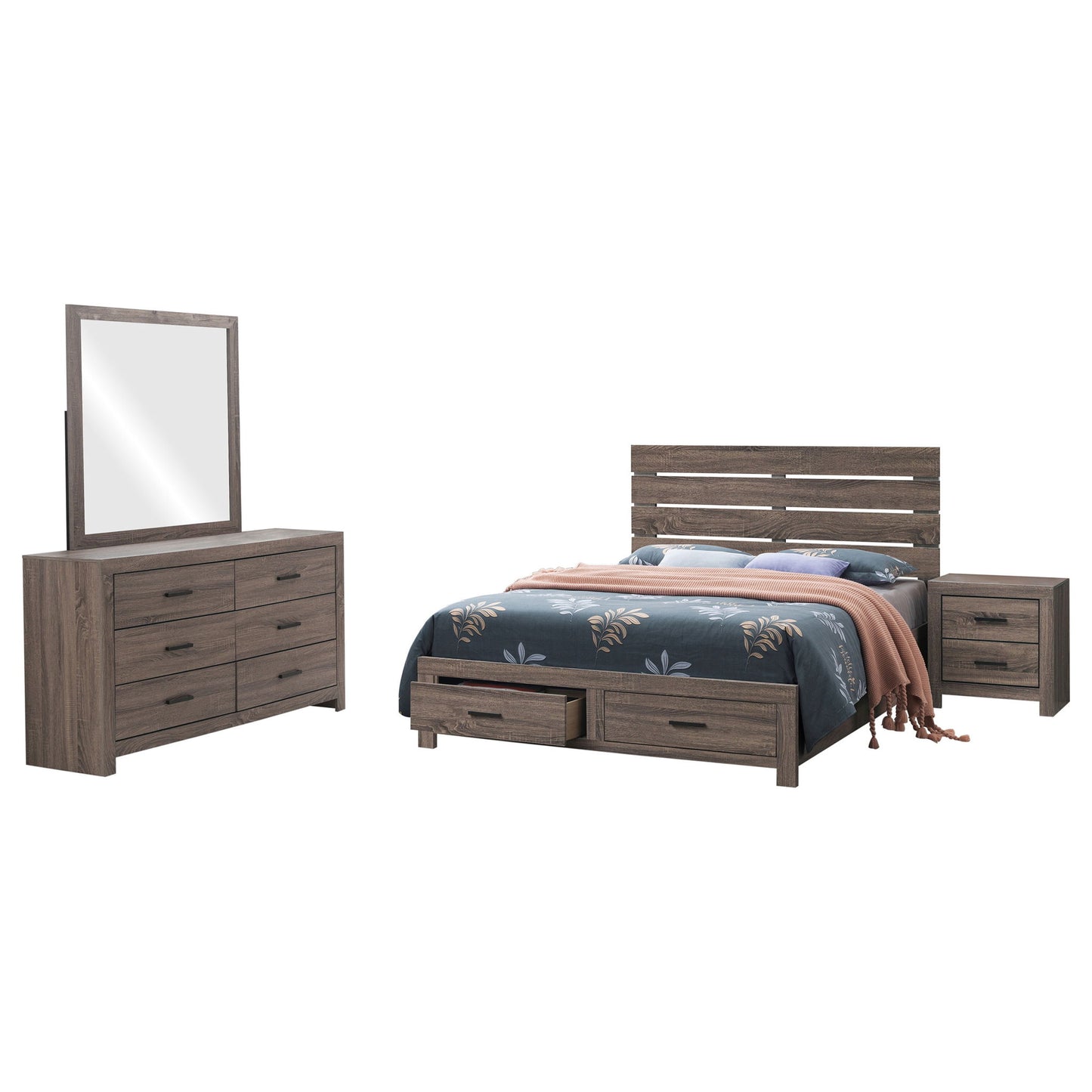 Sherwood - 4 Piece Queen Bedroom Set With Platform Bed, Nightstand, Dresser & Mirror - Oak