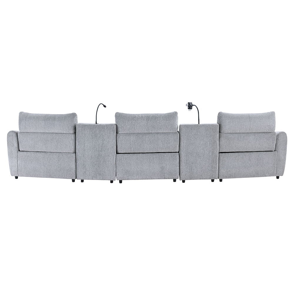 Fullar - Modular Console With Speaker & Cup Holder - Light Gary Chenille