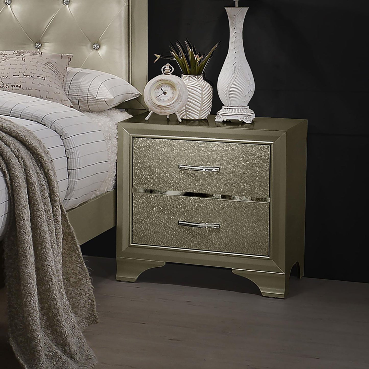 Nightstand With 2 Drawers Bedroom Storage With Accents - Champagne