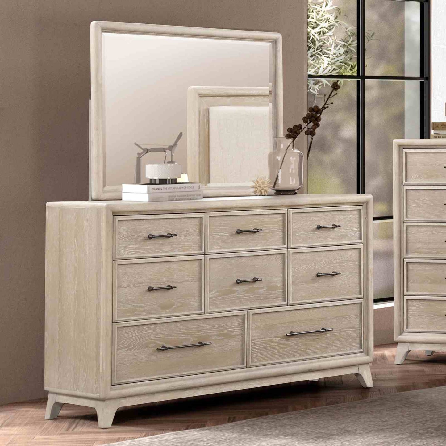 8 Drawers Dresser With Mirror, Bedroom Furniture - Oak