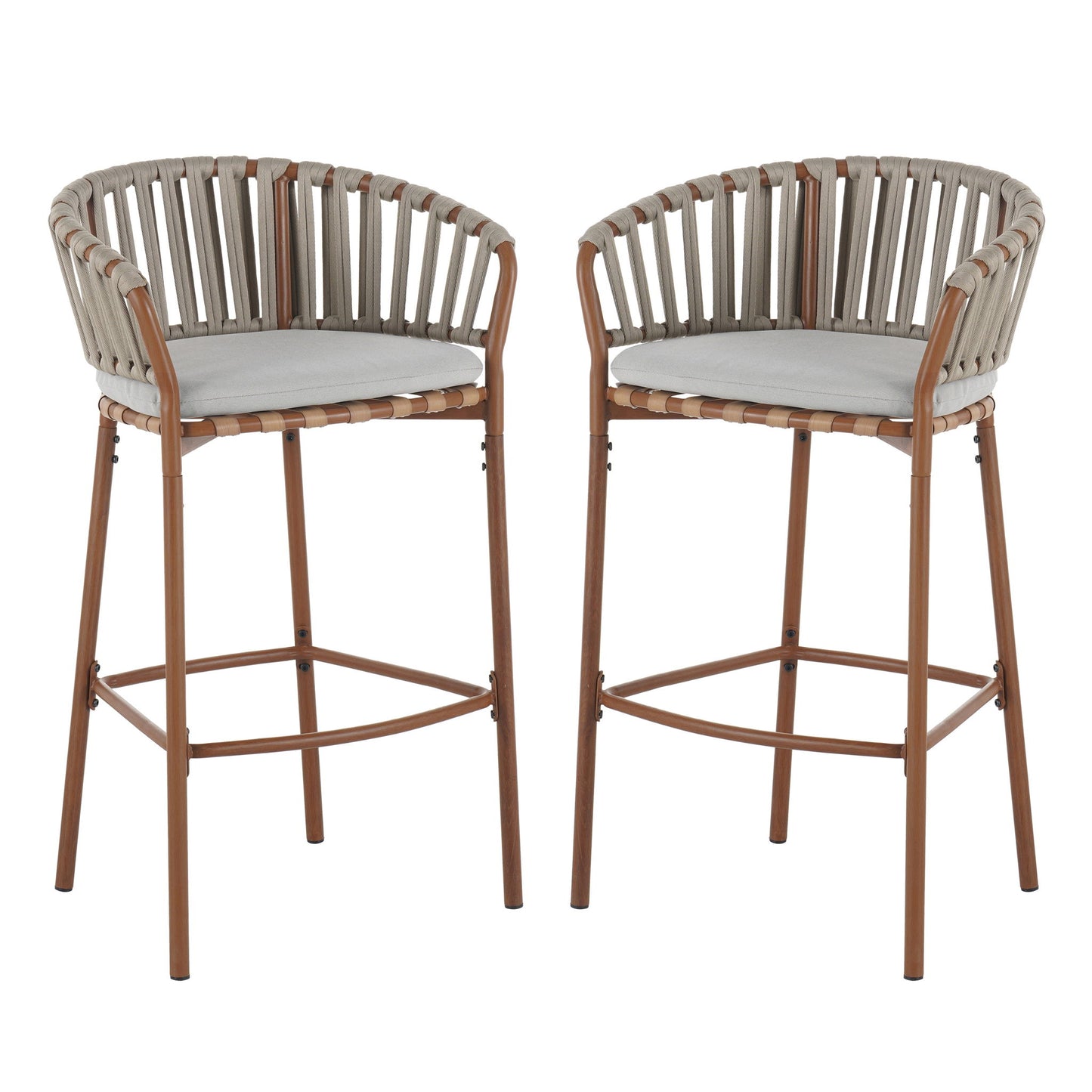Lodi - Outdoor Matal Rope Barstool, Teak / Beige (Set of 2) - Teak / Beige