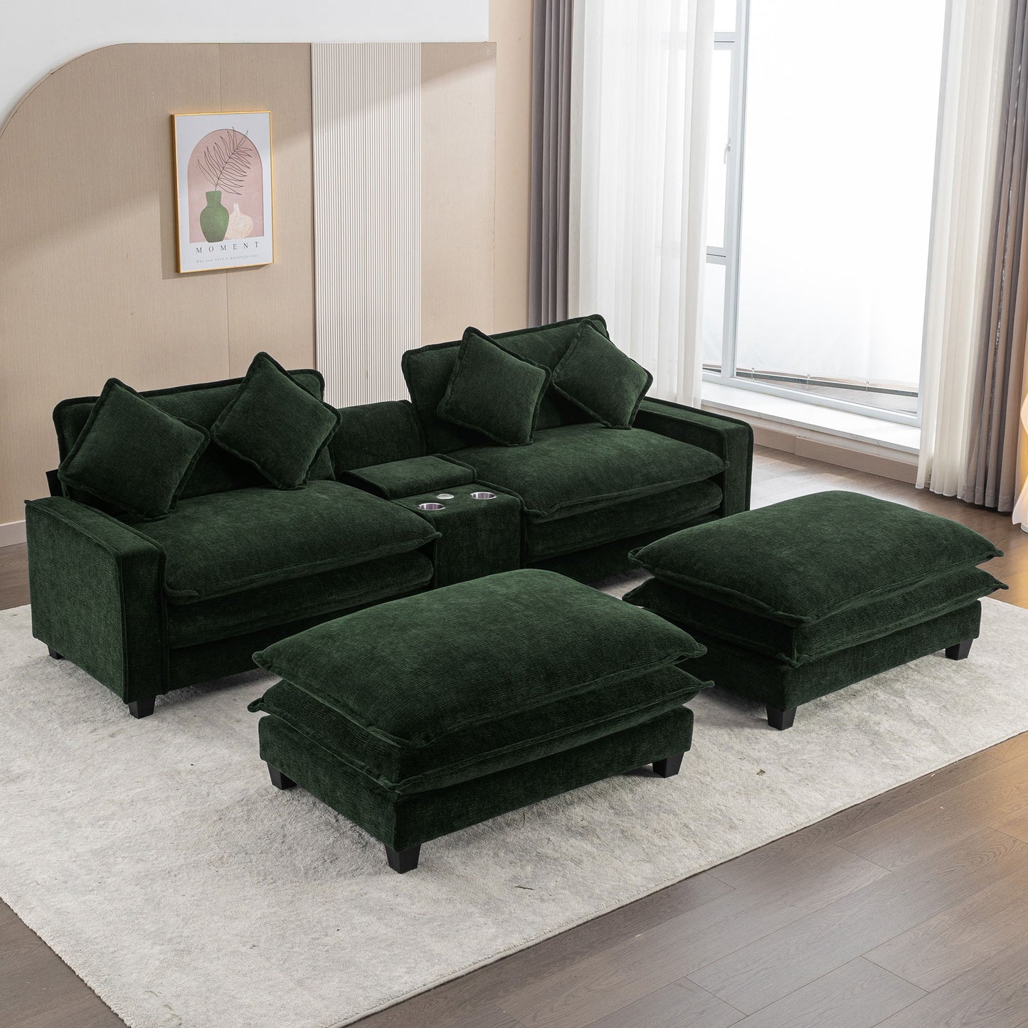 Sectional Sofa Upholstered Sofa With Two Removable Ottoman, Two USB Ports, Two Cup Holders And Large Storage Box For Living Room