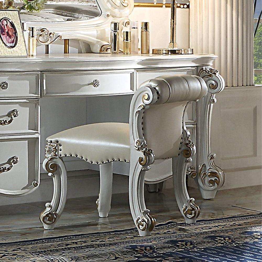 Vendome - Vanity Stool - Beige Synthetic Leather & Antique Pearl