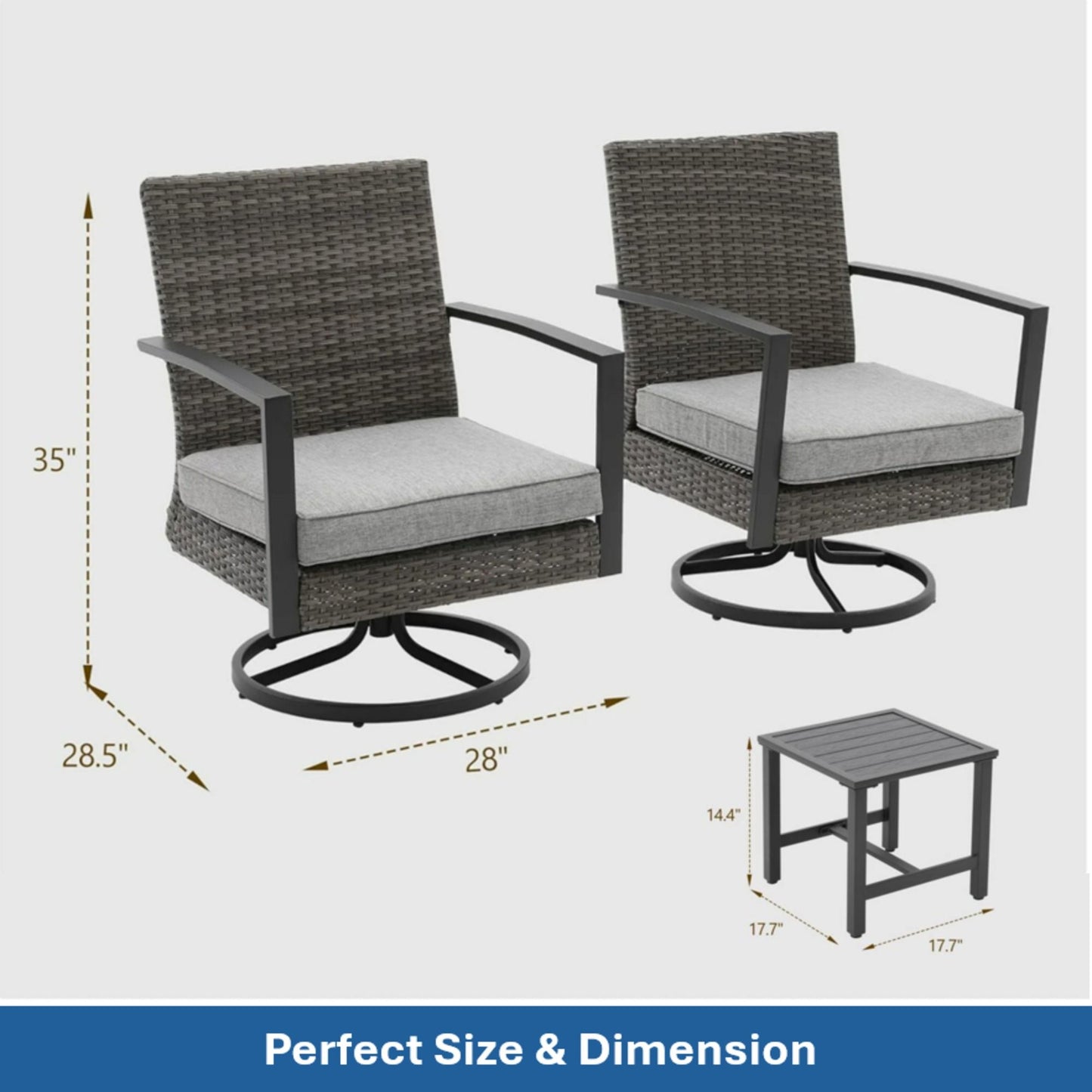 3 Piece Patio Furniture, Swivel Rocker Bistro Set With Side Table & Cushions For Porch - Gray