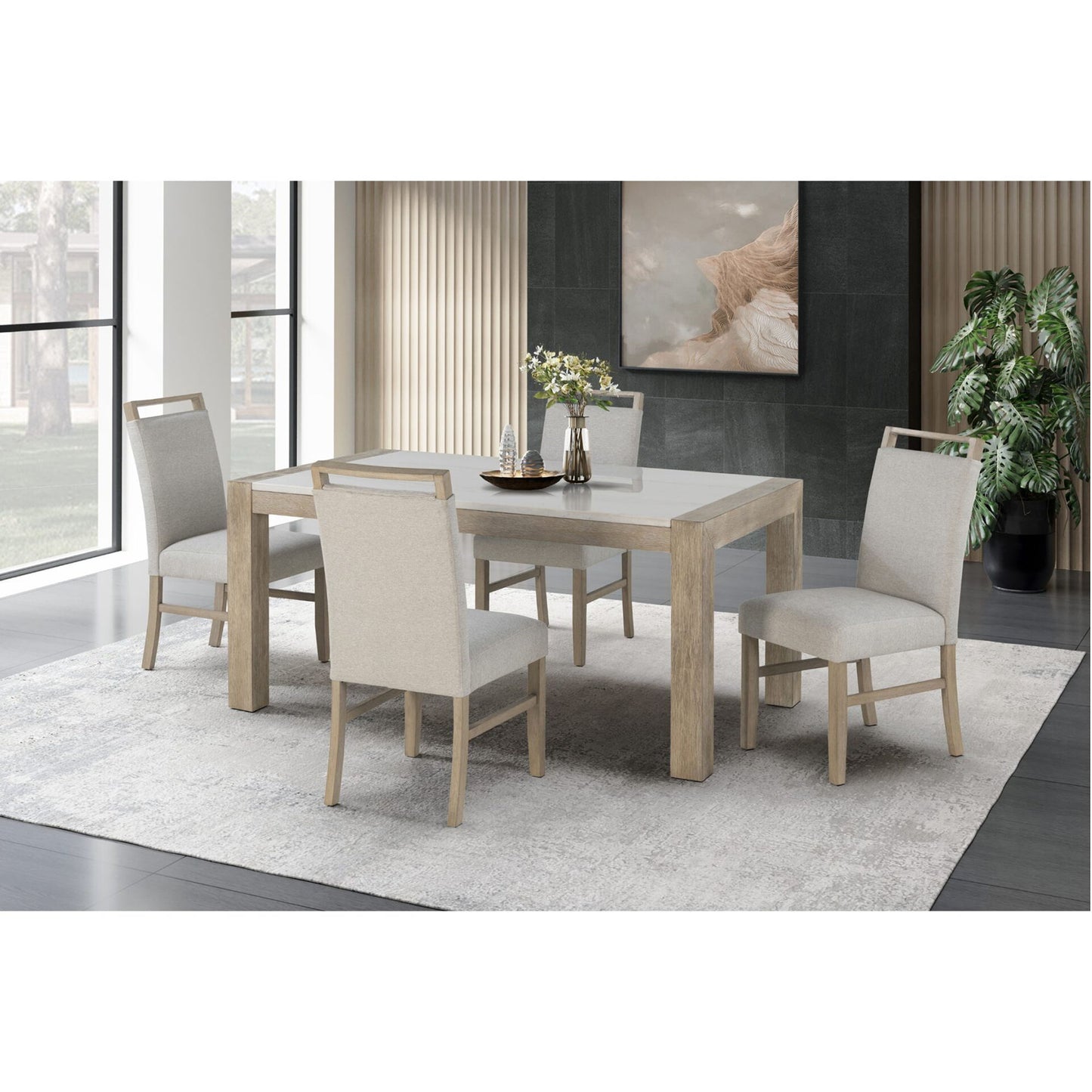Vanilla - Real Marble Dining Table And Chair Set With Upholstery - Beige / Natural