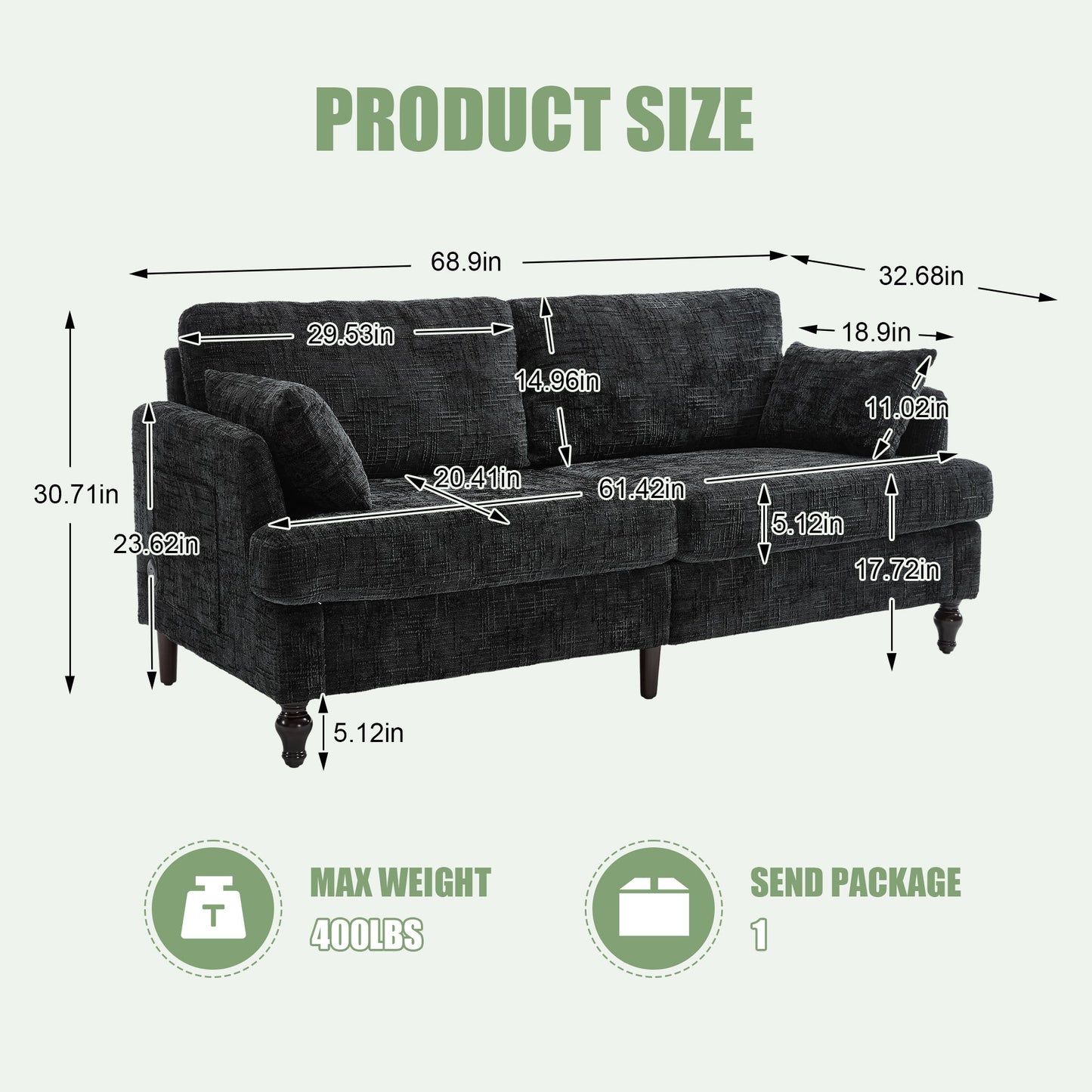 2 Seater Sofa With LED Light, USB Charging Port, And Storage Bag