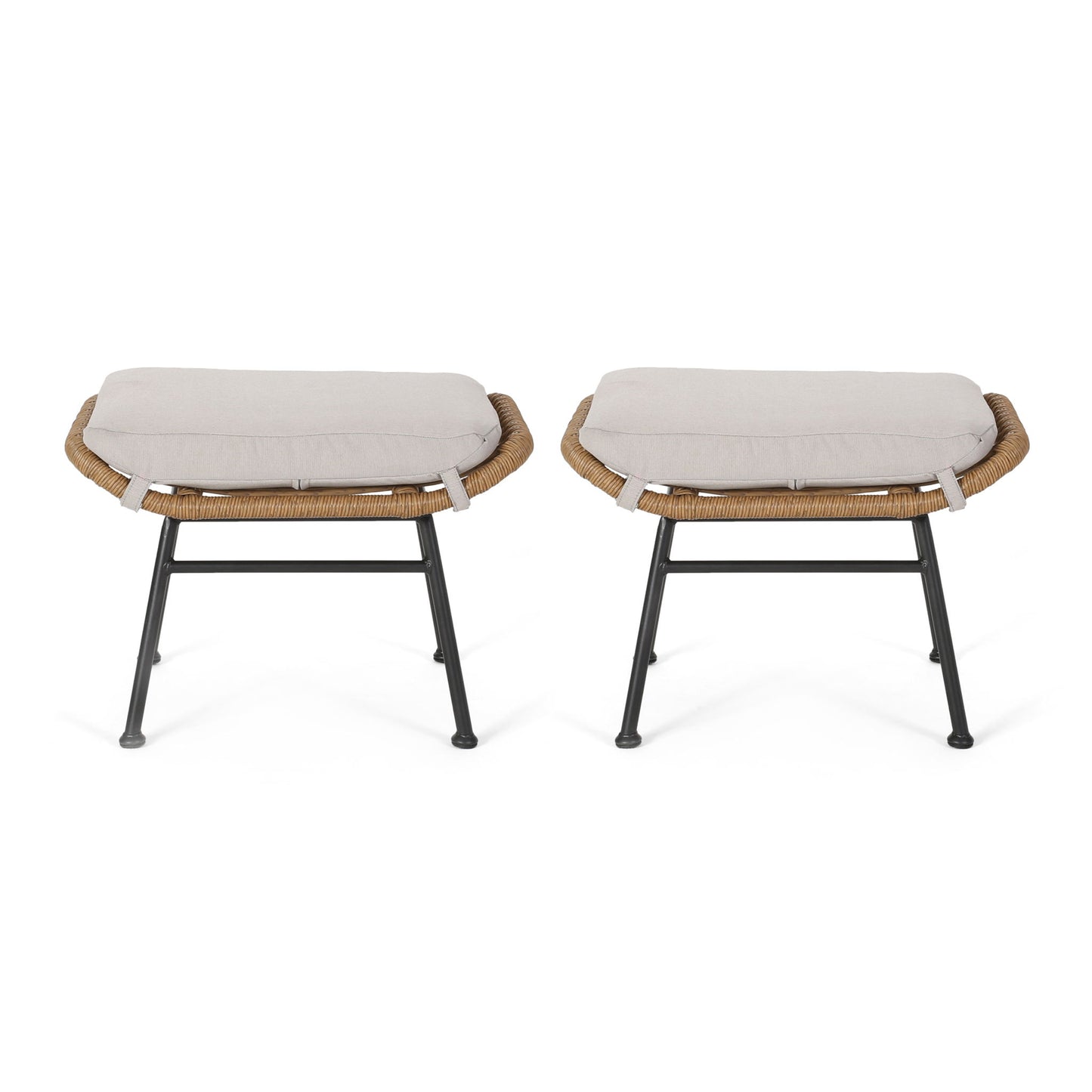 Outdoor Modern Boho Wicker Ottoman With Cushions (Set of 2)