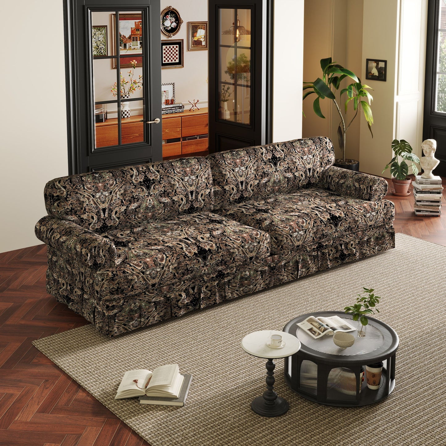 Luxuriously Comfortable Cloud Couch Sofa With Elegant Rolled Arms & Pleated Skirt Design