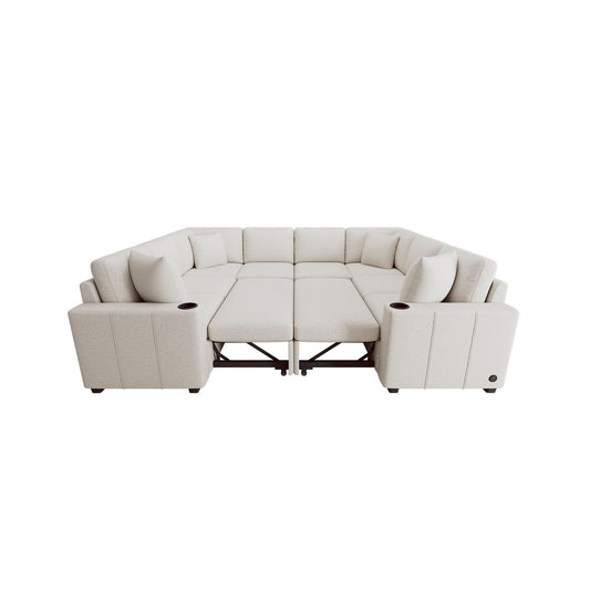Modern U-Shaped Sectional Sofa Convertible Pull-Out Sofa Bed With USB Ports And Cup Holders