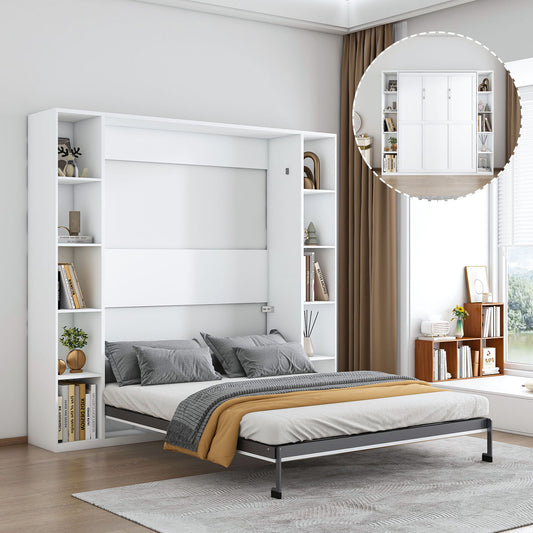Queen Murphy Bed With Storage Cabinet - White