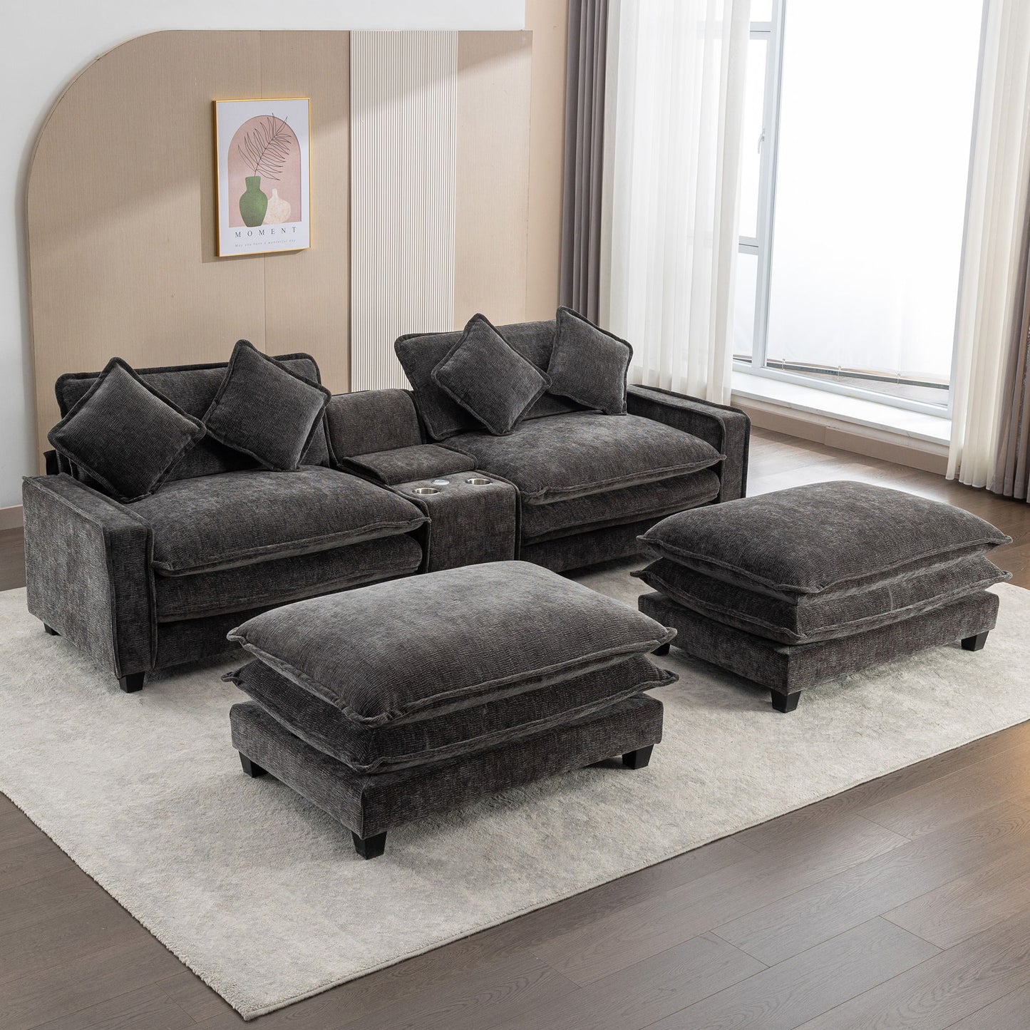 Sectional Sofa Upholstered Sofa With Two Removable Ottoman, Two USB Ports, Two Cup Holders And Large Storage Box For Living Room