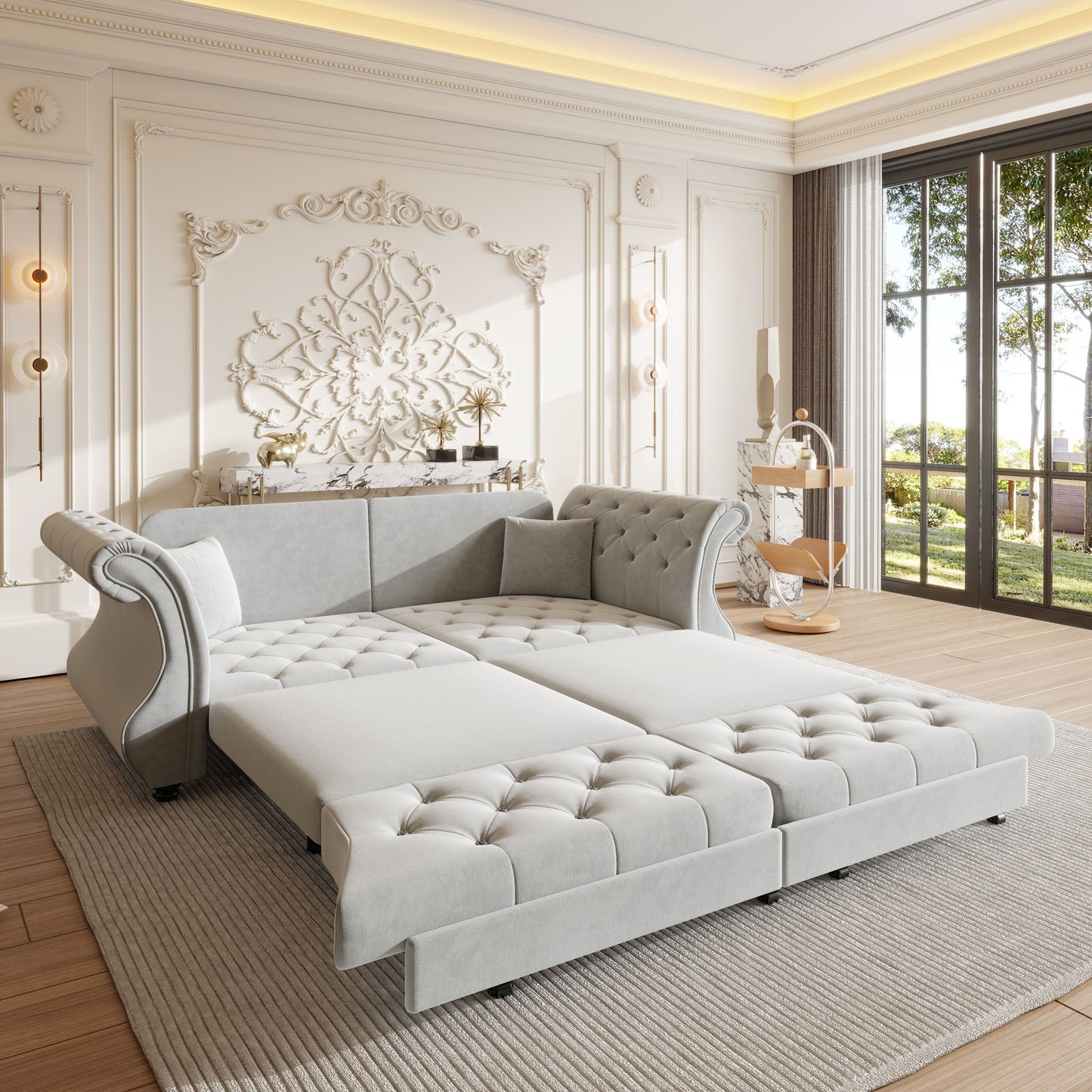 Oversized Chesterfield Pull Out Sofa Bed, Roll Arm Couch With Flower Tufting For Living Room