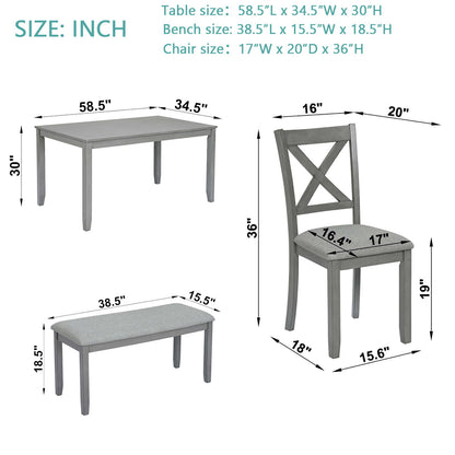 6 Pieces Kitchen Dining Set, Rectangular Wooden Dining Table With 4 Chairs And A Bench